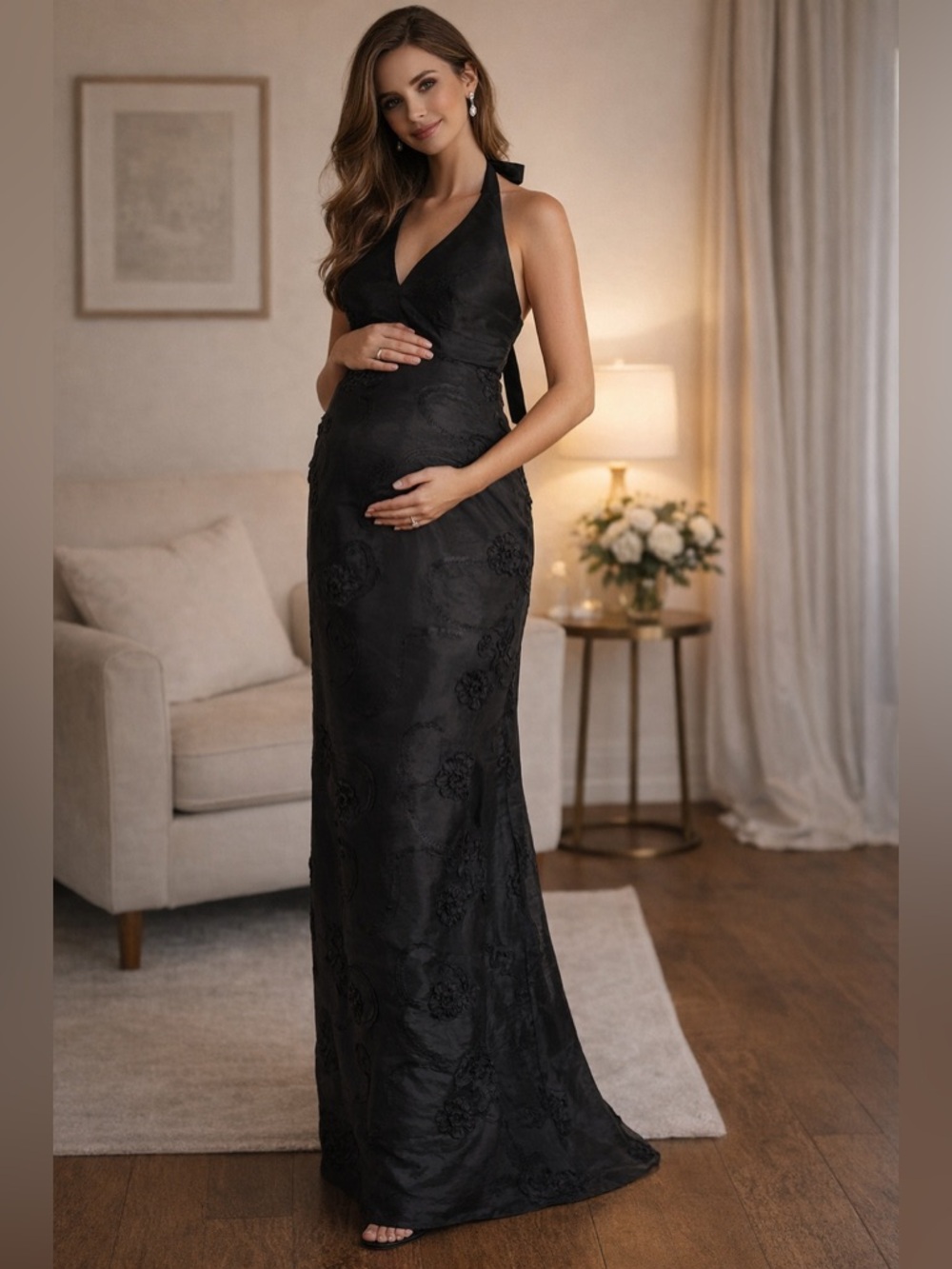 Olian‎ Black Halter Maxi Dress Size Small Maternity Textured Floral Evening Gown